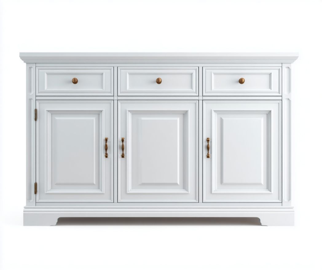 Buffet en bois blanc mat, 3 tiroirs et 3 portes, panneaux moulurés et poignées métalliques