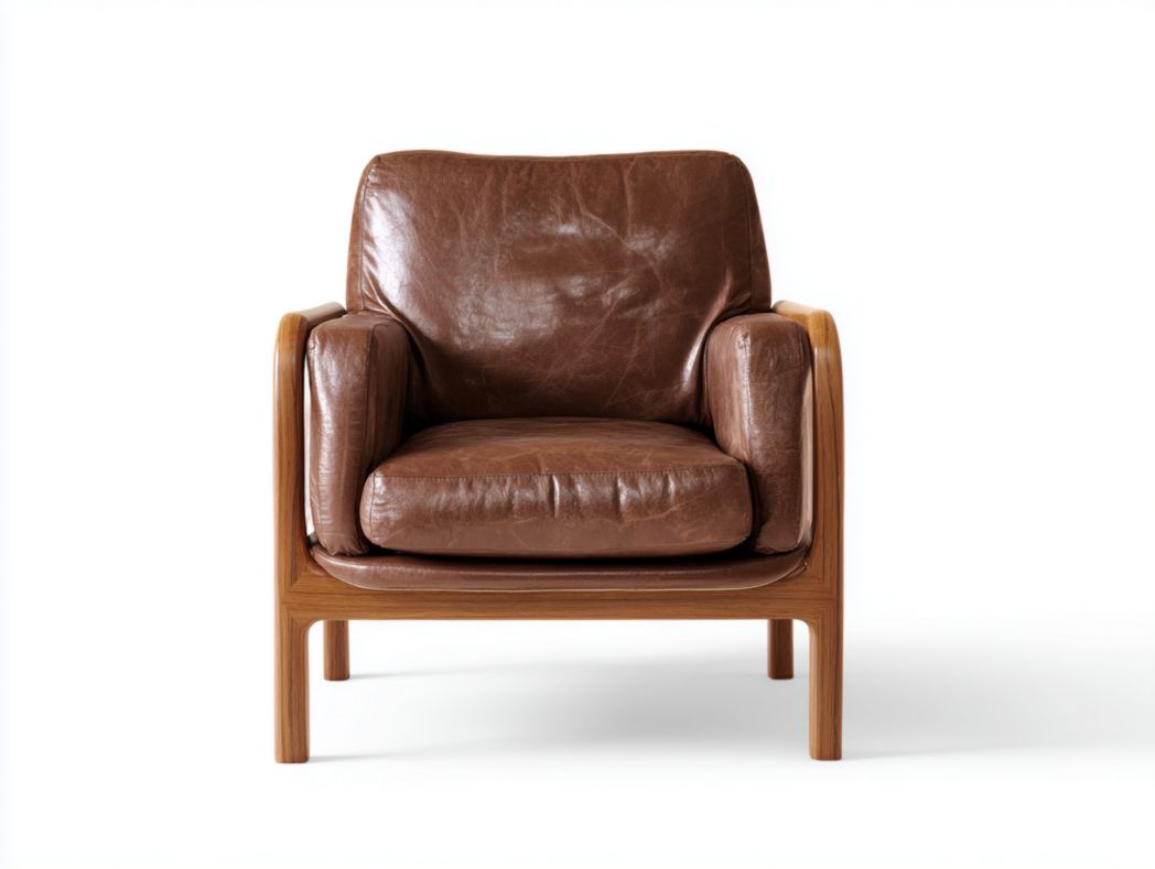 Fauteuil en cuir marron avec structure en bois massif