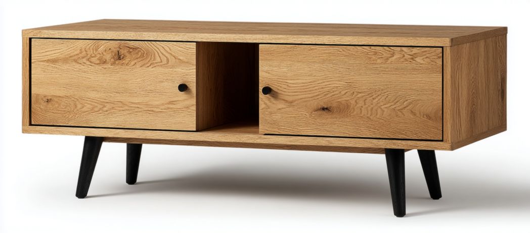 Meuble TV en bois naturel rectangulaire avec deux portes, niche ouverte et pieds noirs