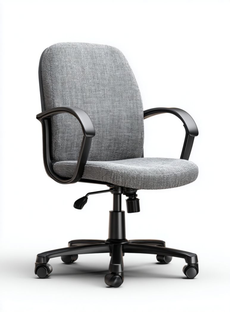 Chaise de bureau en tissu gris, accoudoirs en plastique noir, base à cinq branches avec roulettes