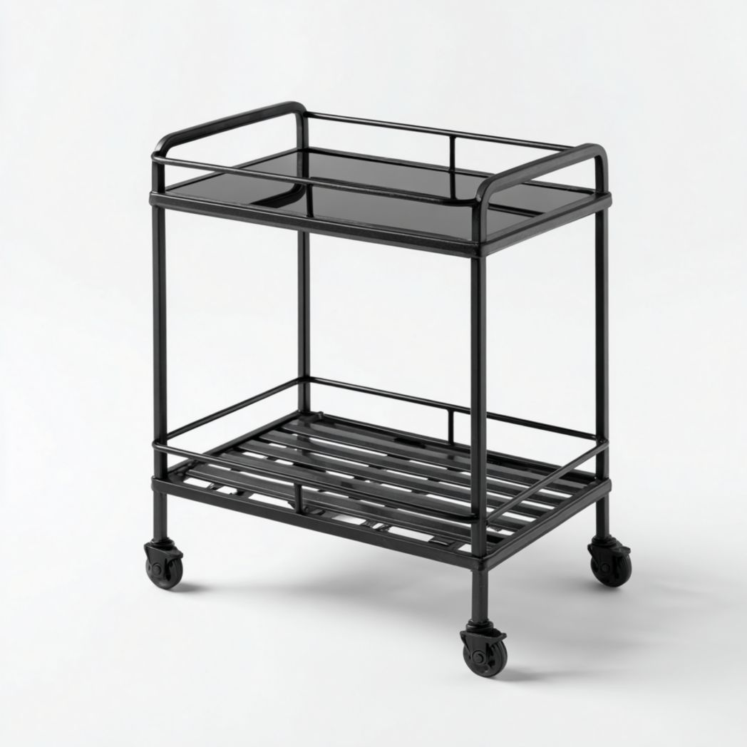 Chariot noir à deux niveaux en métal avec plateau en verre