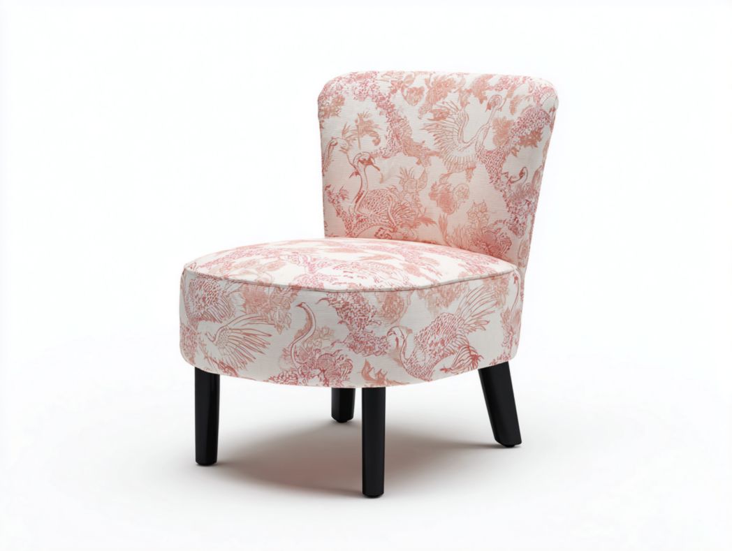 Fauteuil en tissu imprimé rose avec pieds en bois noir