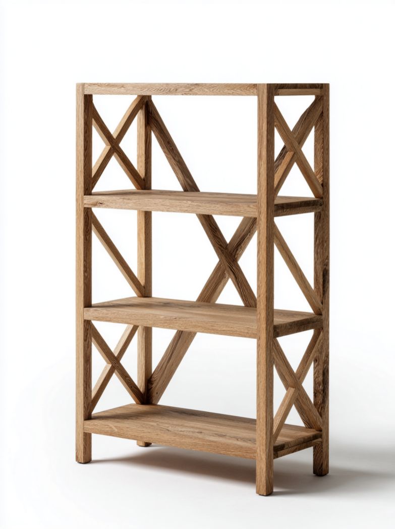 Étagère en bois naturel à trois niveaux avec côtés à croisillons