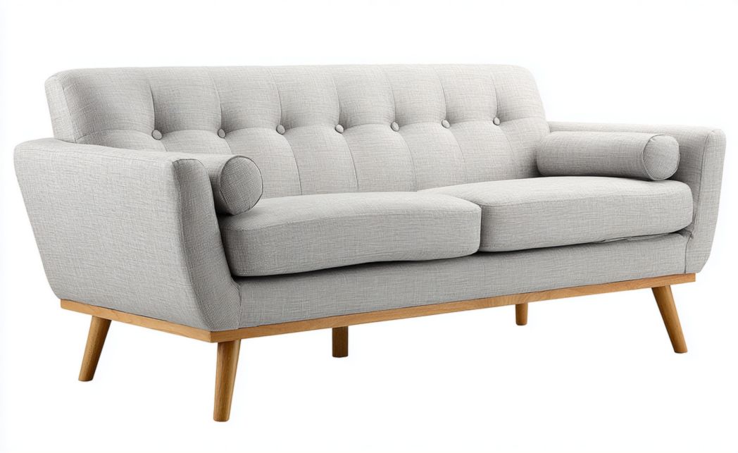 Canapé 2 places en tissu gris clair avec dossier capitonné, pieds en bois et coussins cylindriques