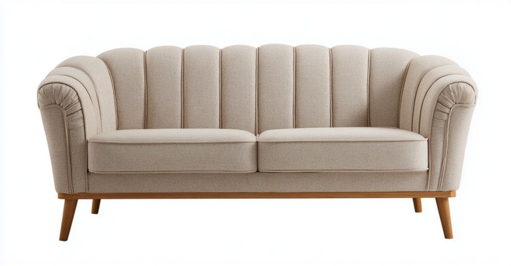 Canapé 2 places en tissu beige avec dossier en éventail et pieds en bois, sans coussins