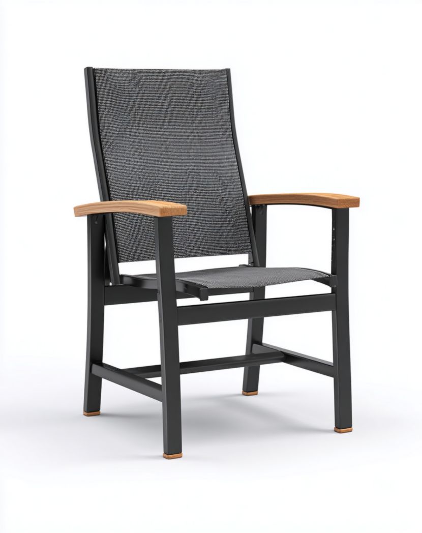 Chaise de jardin en aluminium noir avec assise et dossier en toile grise et accoudoirs en bois