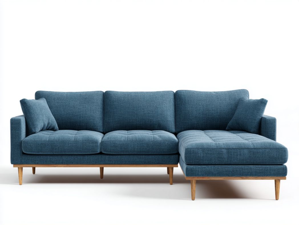 Canapé d’angle en tissu bleu avec méridienne droite et deux coussins