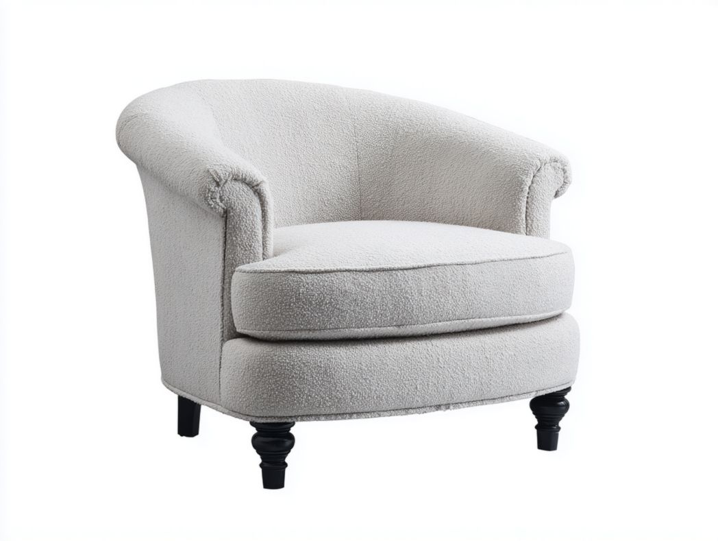 Fauteuil rond en tissu gris clair avec pieds en bois noir