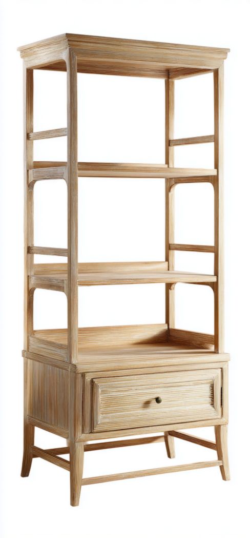 Étagère en bois clair à trois niveaux avec tiroir inférieur