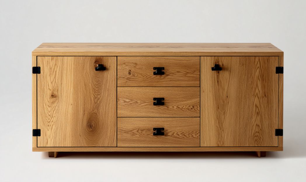 Buffet en bois, 2 portes et 3 tiroirs, poignées et charnières métalliques noires