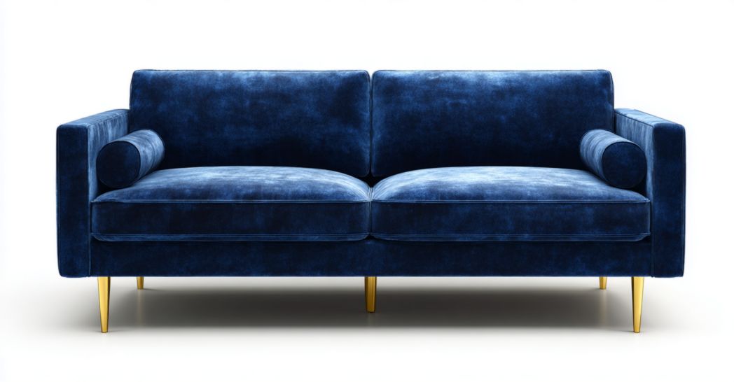 Canapé 2 places en velours bleu avec accoudoirs droits, pieds en métal doré et coussins cylindriques