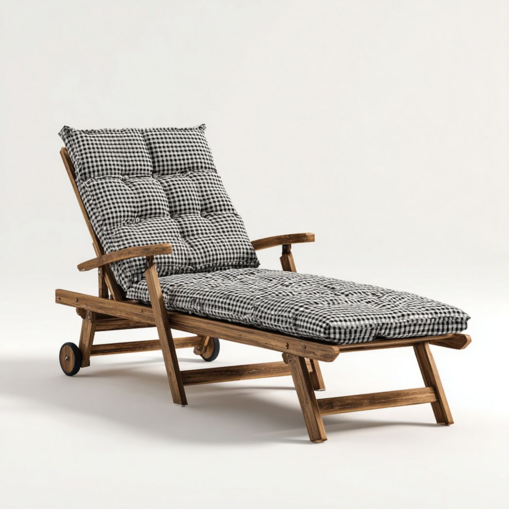 Chaise longue en teck foncé avec coussin à carreaux noir et blanc et roulettes