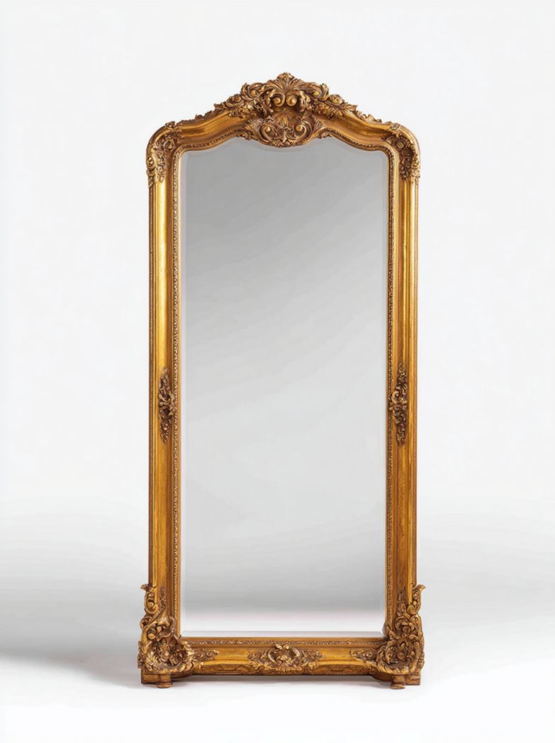 Miroir sur pied rectangulaire doré avec cadre sculpté