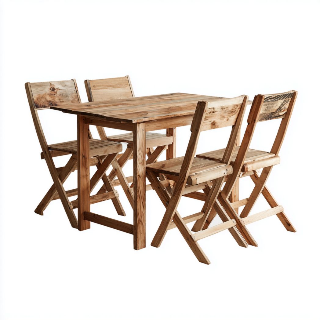 Ensemble repas pliant 5 pièces en bois massif teinte naturelle