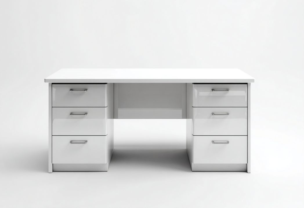Bureau en bois blanc, plateau rectangulaire, six tiroirs avec poignées métalliques