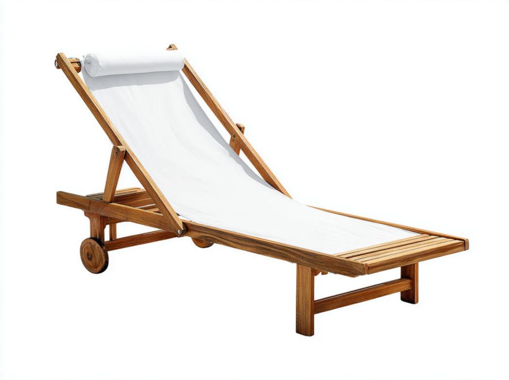Chaise longue en bois et toile blanche avec roulettes