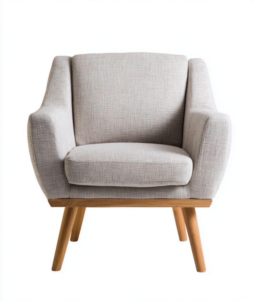 Fauteuil en tissu beige avec coussin et dossier, pieds en bois