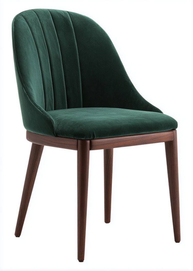 Chaise de salle à manger en velours vert foncé avec dossier à coutures verticales et pieds en bois