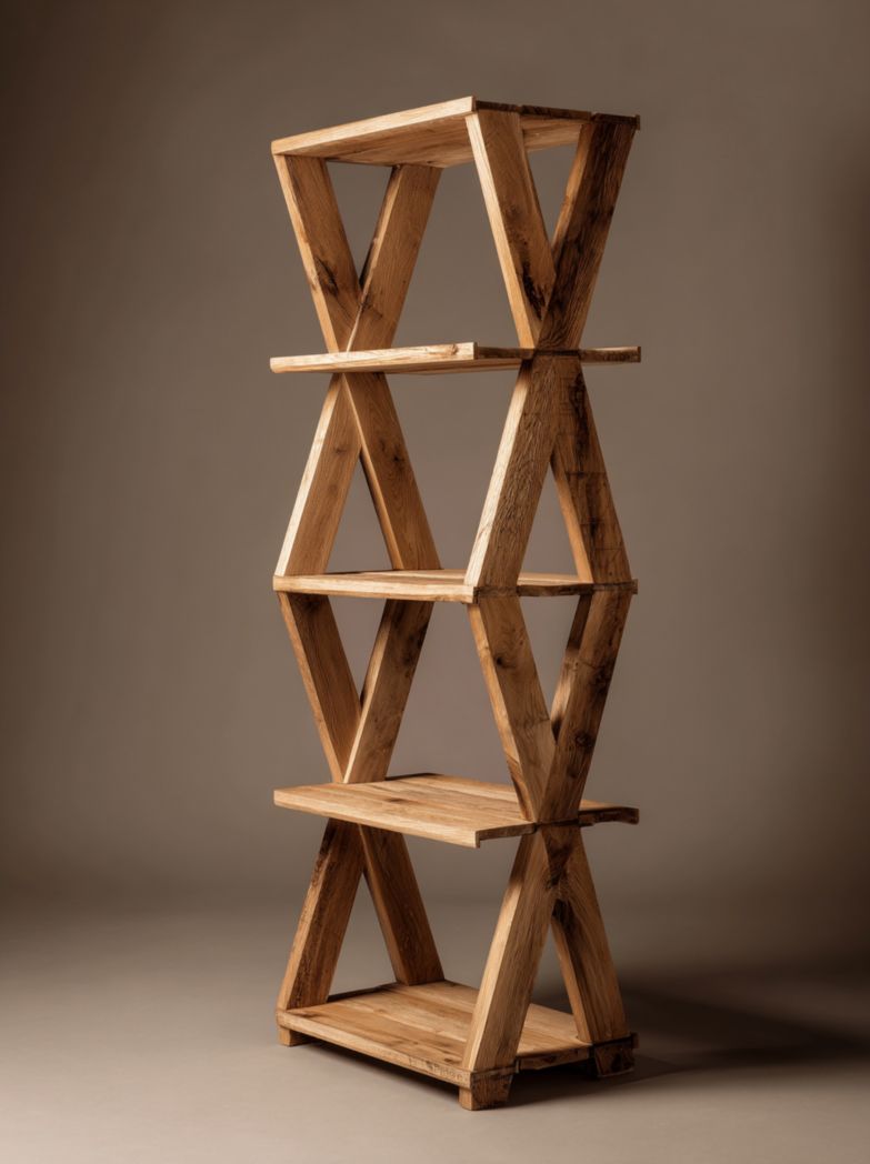 Étagère en bois couleur naturelle à quatre niveaux avec structure latérale en V croisés