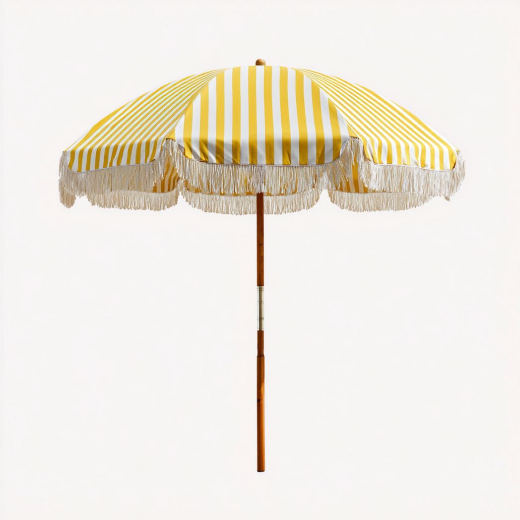 Parasol de jardin rond à rayures jaunes et blanches avec franges