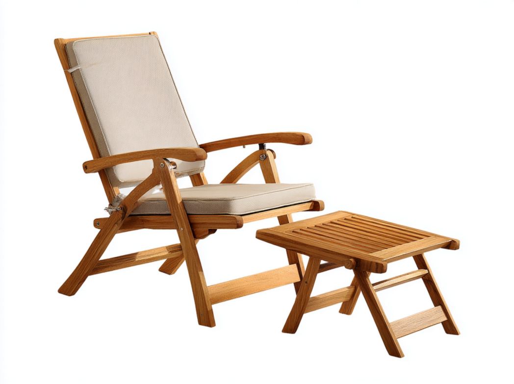 Fauteuil pliant en teck naturel avec coussins beige et repose-pieds