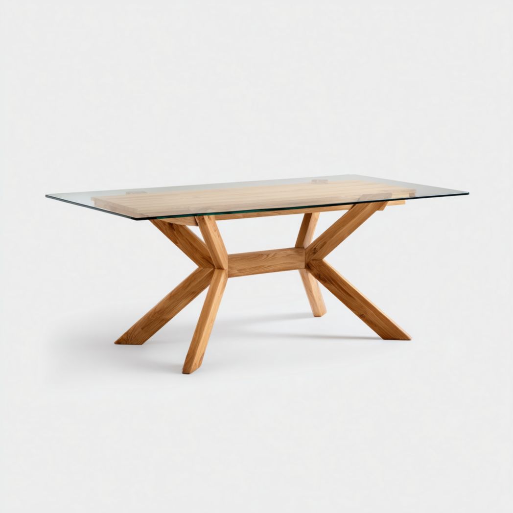 Table basse rectangulaire en verre avec base en chêne croisée sans tiroirs ni portes