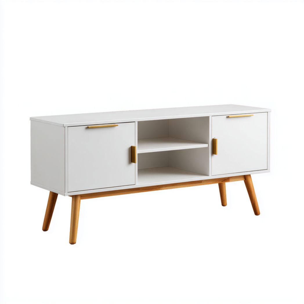 Meuble TV en bois blanc avec deux portes et étagère centrale