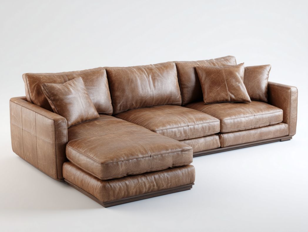 Canapé en L en cuir marron avec méridienne à gauche et trois coussins assortis