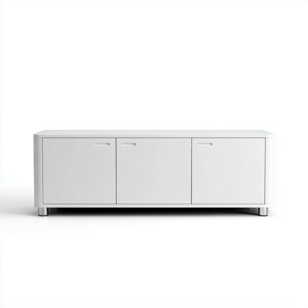 Meuble TV en bois blanc à trois portes et pieds métalliques