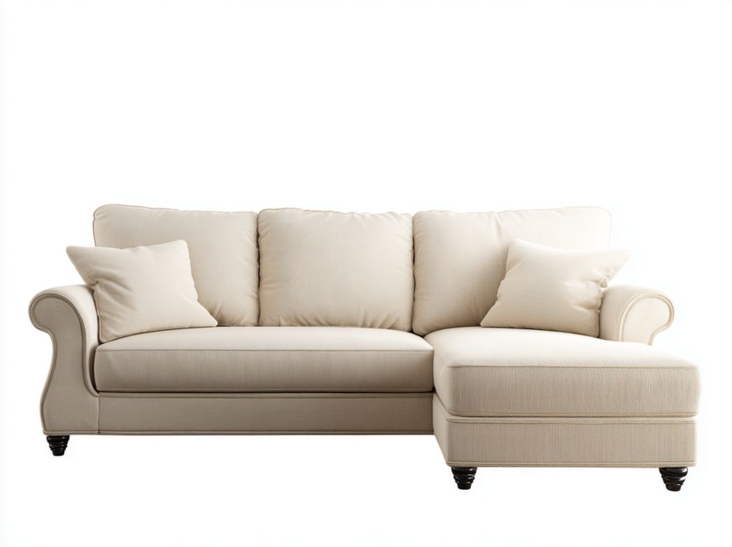 Canapé d’angle en tissu beige avec méridienne et coussins assortis