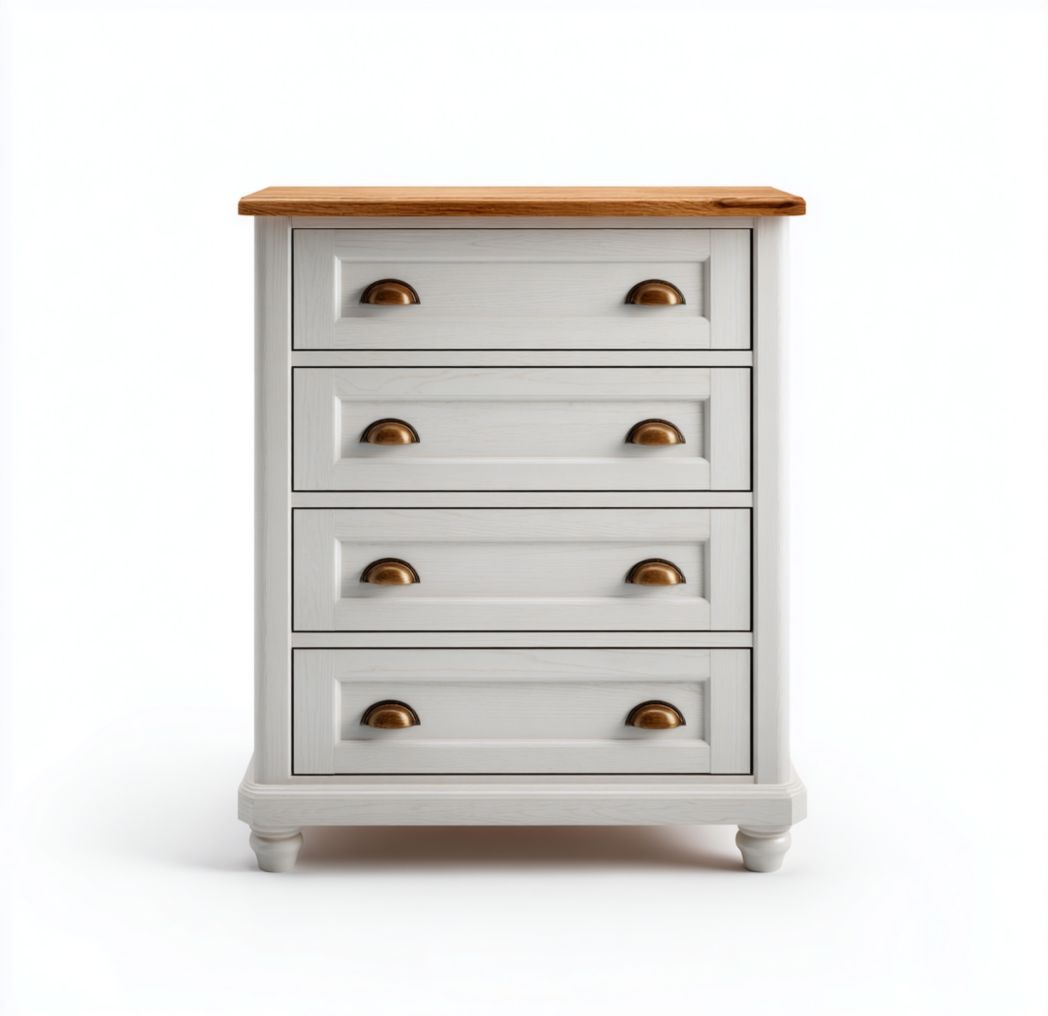 Commode en bois gris à quatre tiroirs avec poignées demi-rondes couleur cuivre et plateau en bois