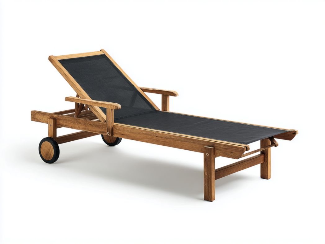 Chaise longue en bois avec toile noire et roues