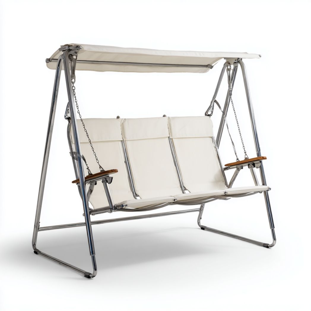 Balancelle de jardin trois places en métal argenté avec coussins beige et auvent