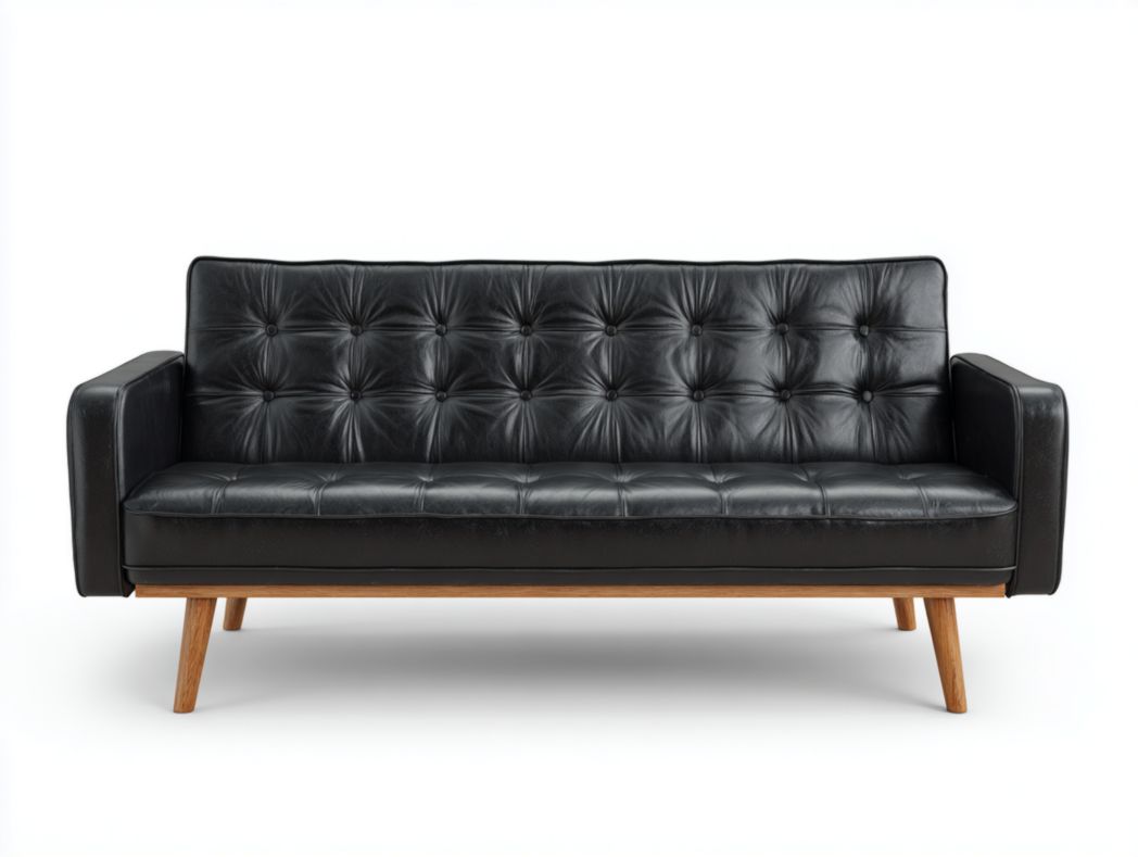 Canapé 3 places en similicuir noir avec pieds en bois