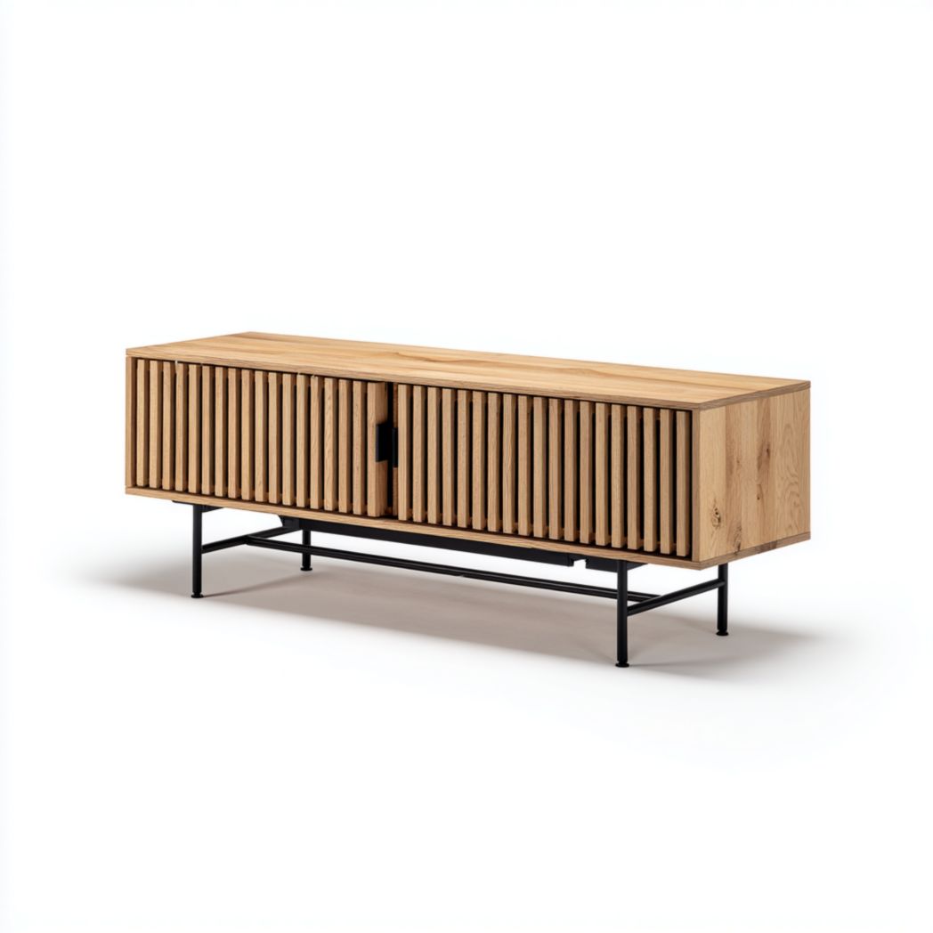 Meuble TV en bois naturel avec portes à lattes et base métallique noire