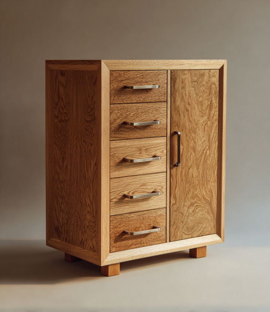 Commode en bois chêne avec cinq tiroirs et une porte, poignées métalliques