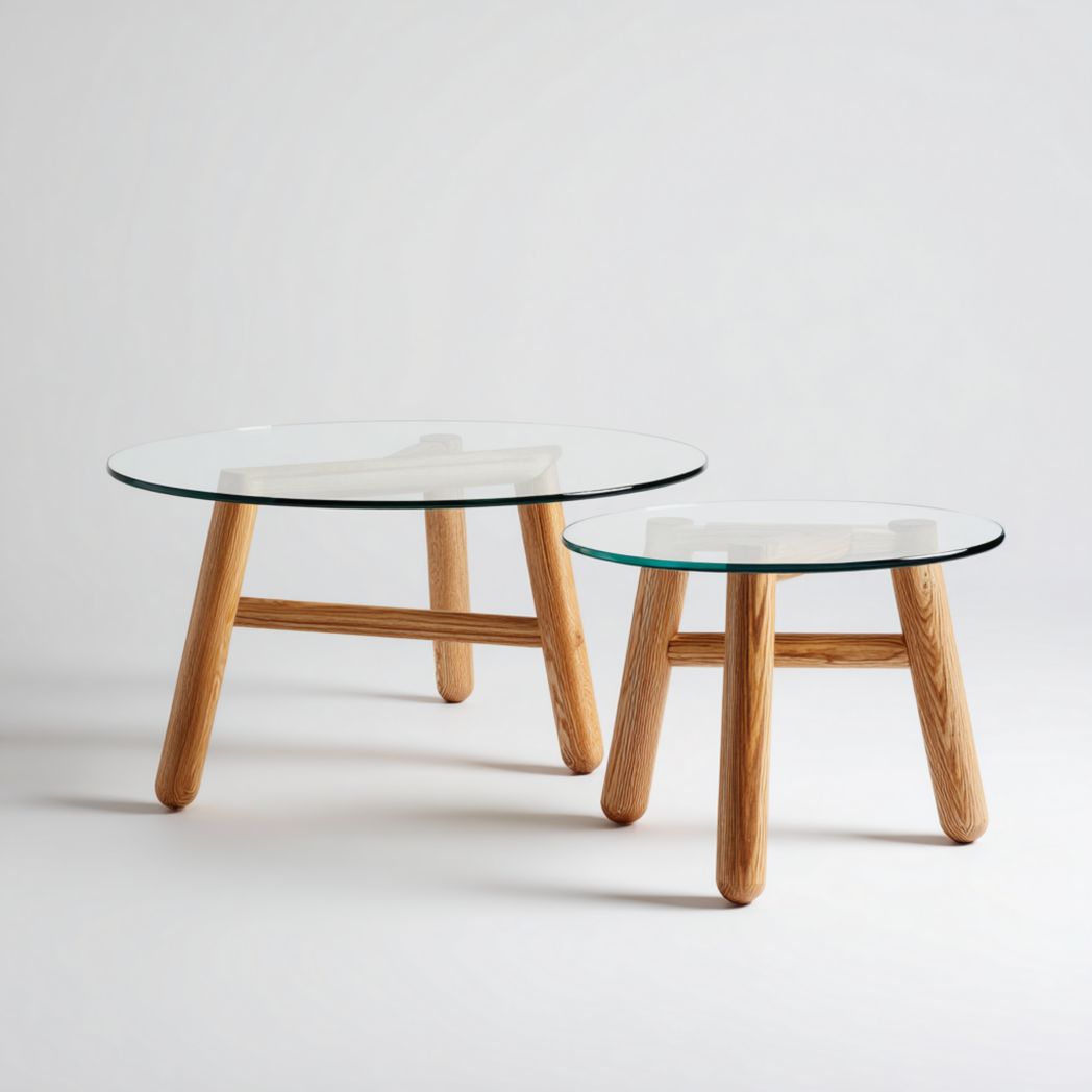 Ensemble de tables basses rondes verre et pieds bois sans tiroirs ni portes