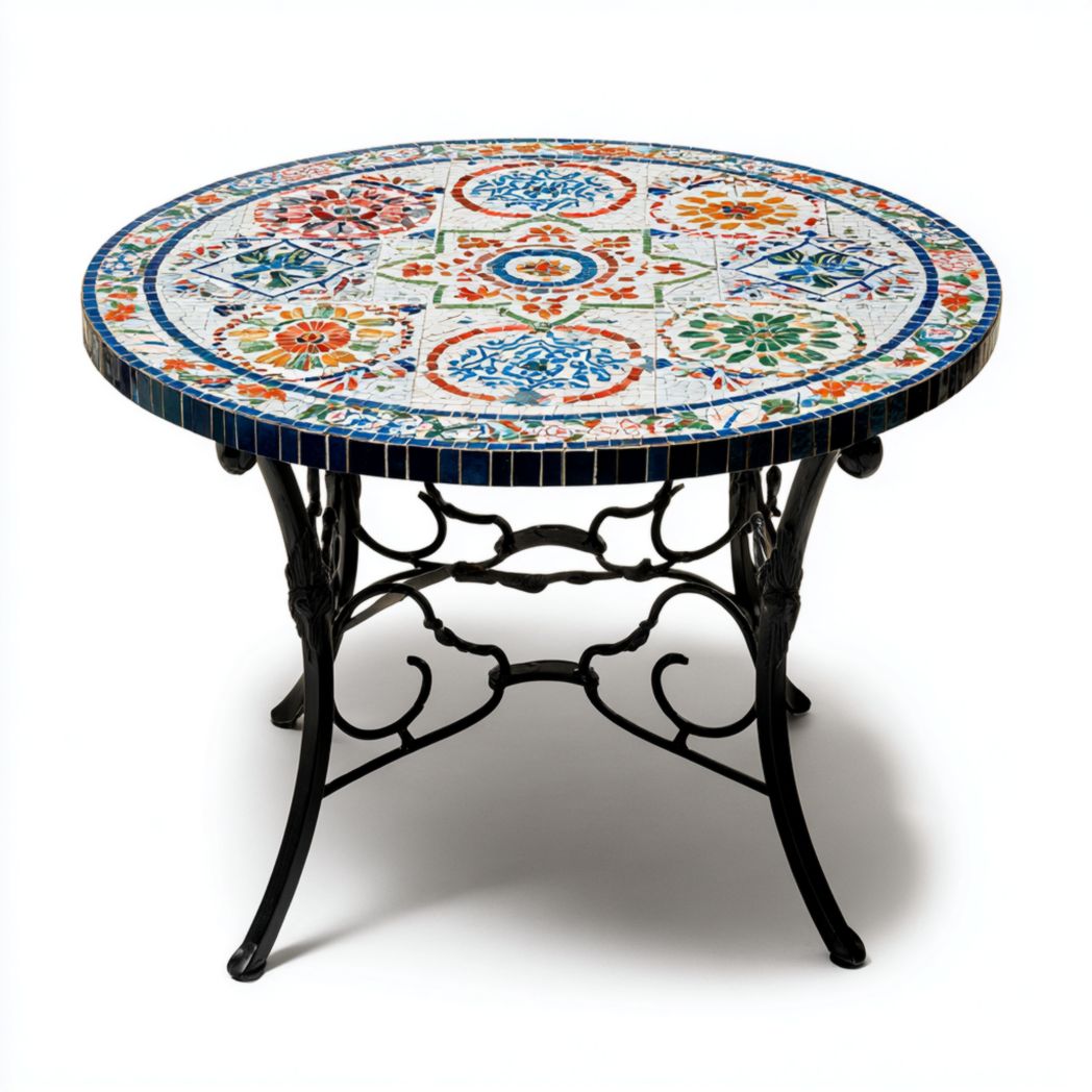 Table ronde en mosaïque multicolore avec base en métal noir