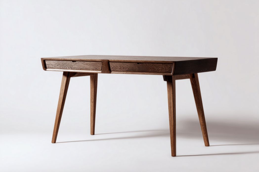 Bureau en bois brun foncé, plateau rectangulaire, deux tiroirs