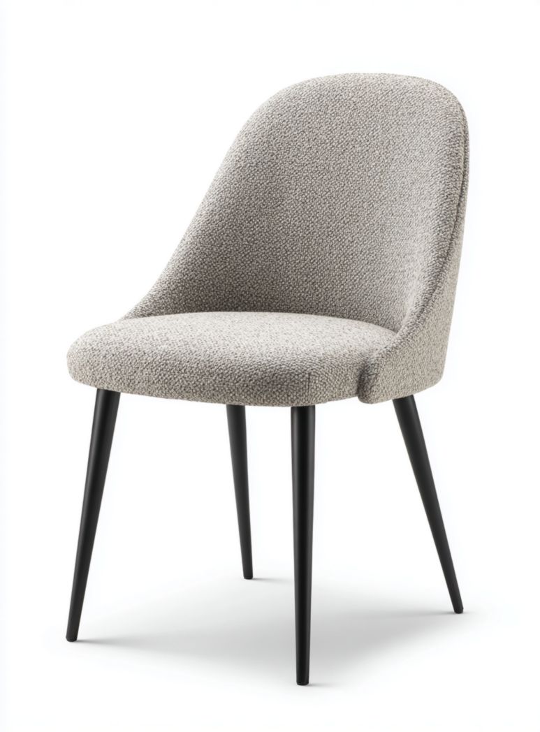 Chaise de salle à manger en tissu gris clair avec dossier arrondi et pieds en métal noir