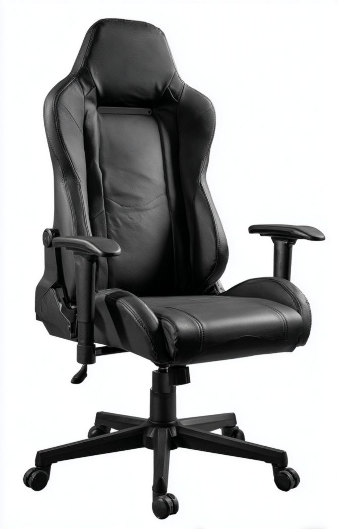 Chaise de bureau en cuir synthétique noir, dossier haut enveloppant, avec accoudoirs et base à cinq branches