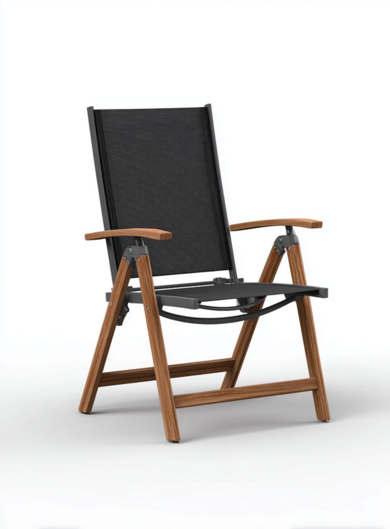 Chaise de jardin en toile respirante noire avec accoudoirs en bois