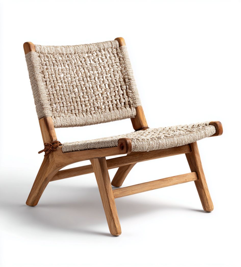 Fauteuil bas en bois massif avec assise et dossier tressés