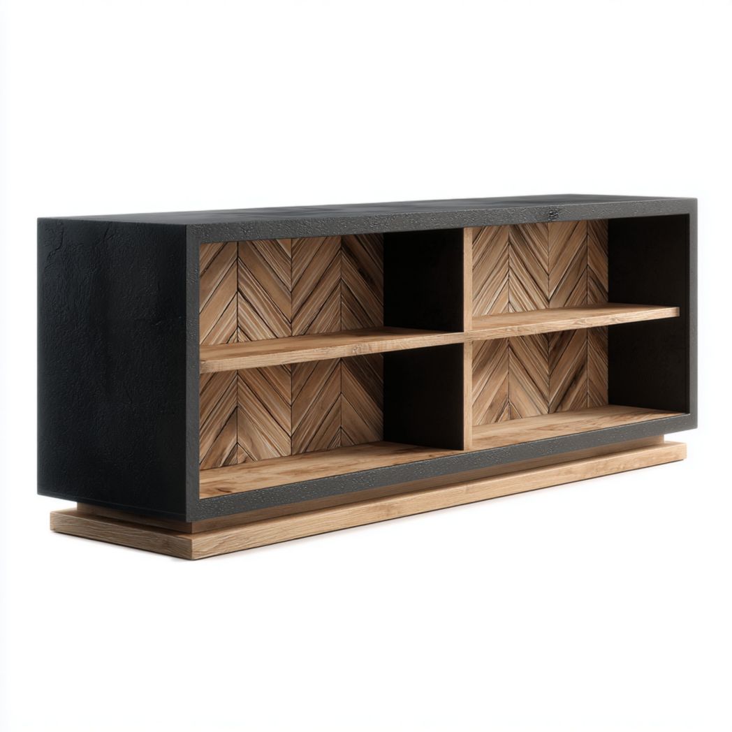 Meuble TV en bois noir et naturel à motif chevrons avec quatre compartiments