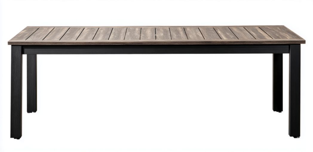 Table de jardin rectangulaire avec plateau effet bois brun et structure métallique noire