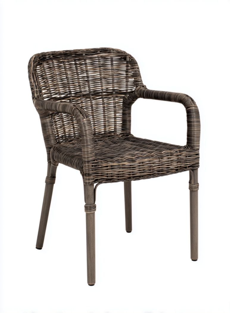 Chaise de jardin en résine tressée marron avec pieds métalliques aspect bois