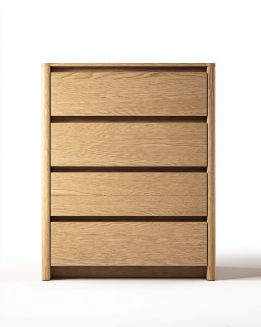 Commode rectangulaire en bois couleur chêne clair à quatre tiroirs