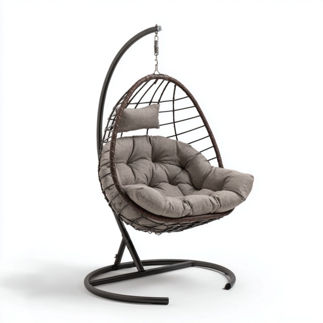 Fauteuil suspendu œuf en métal noir et rotin brun avec coussin et appui-tête