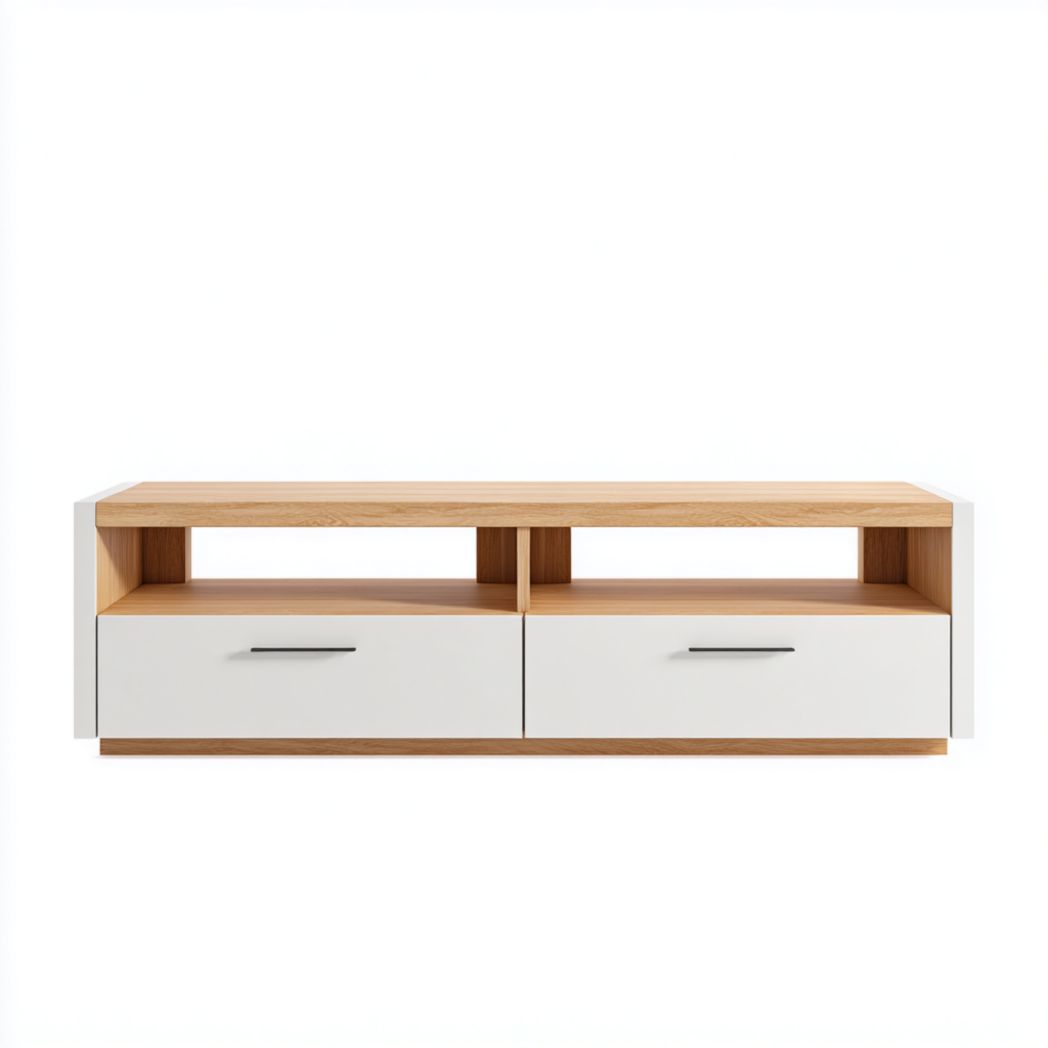 Meuble TV bois clair et blanc avec deux tiroirs et étagères ouvertes