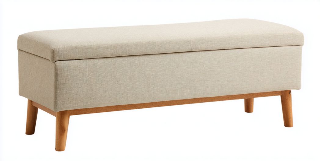 Banc de rangement rectangulaire en tissu beige avec pieds en chêne